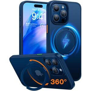 TORRAS 360° for iPhone 15 Pro Max Case, Magnetic w Rotatable Stand & Ring, Blue